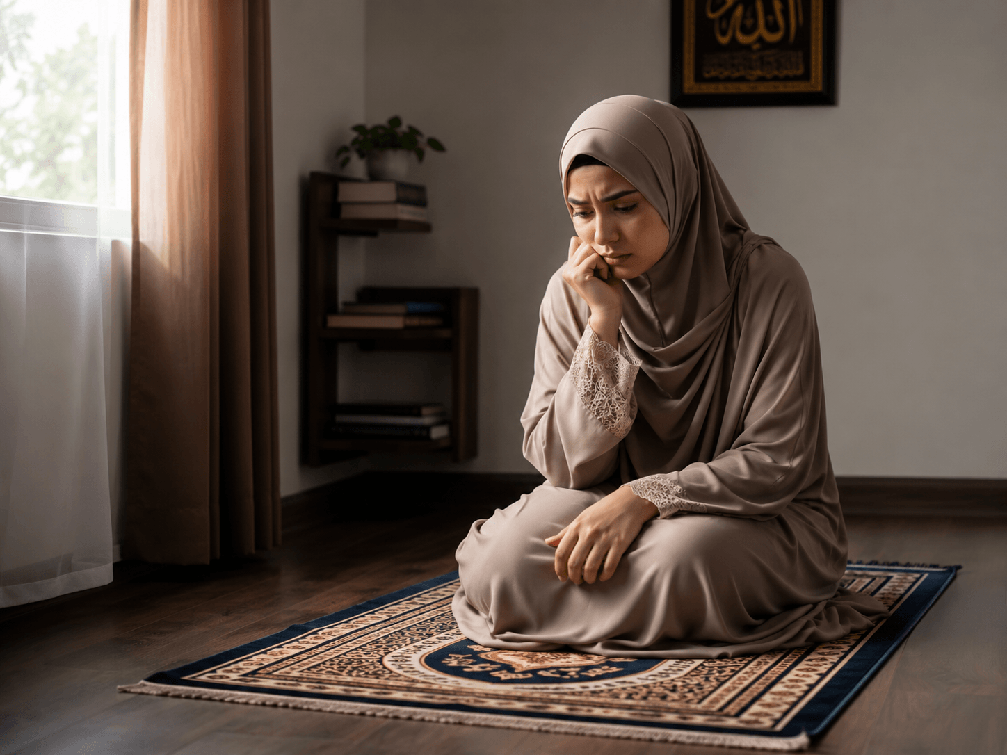 Wanita Muslim sedang berfikir dan kelihatan keliru