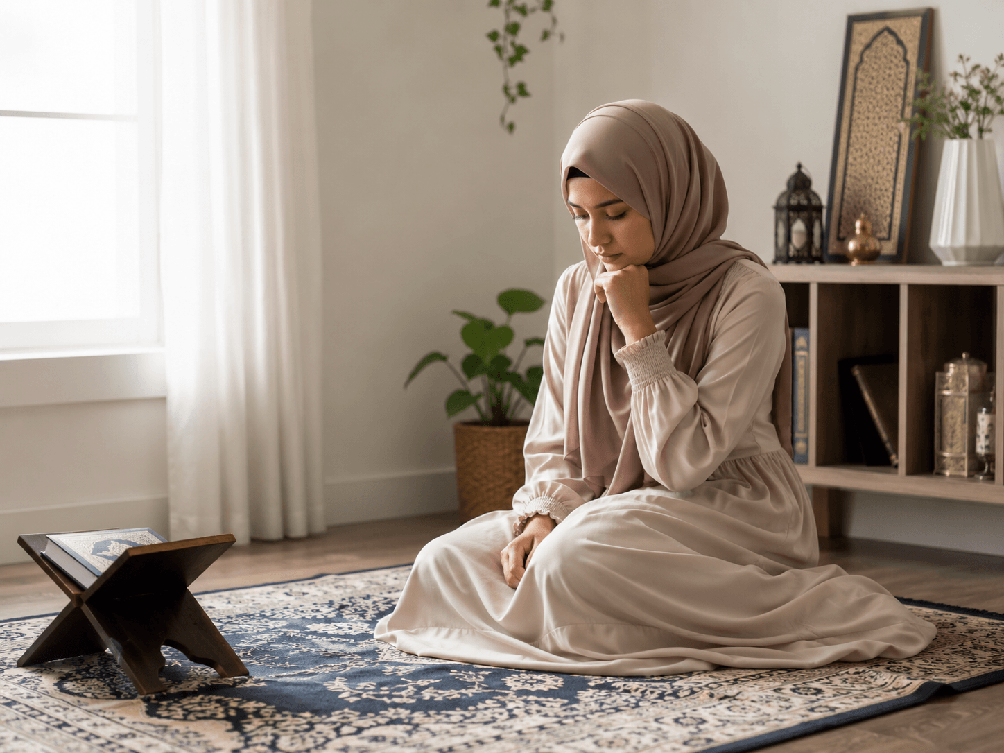 Wanita Muslim bersendirian sedang berfikir
