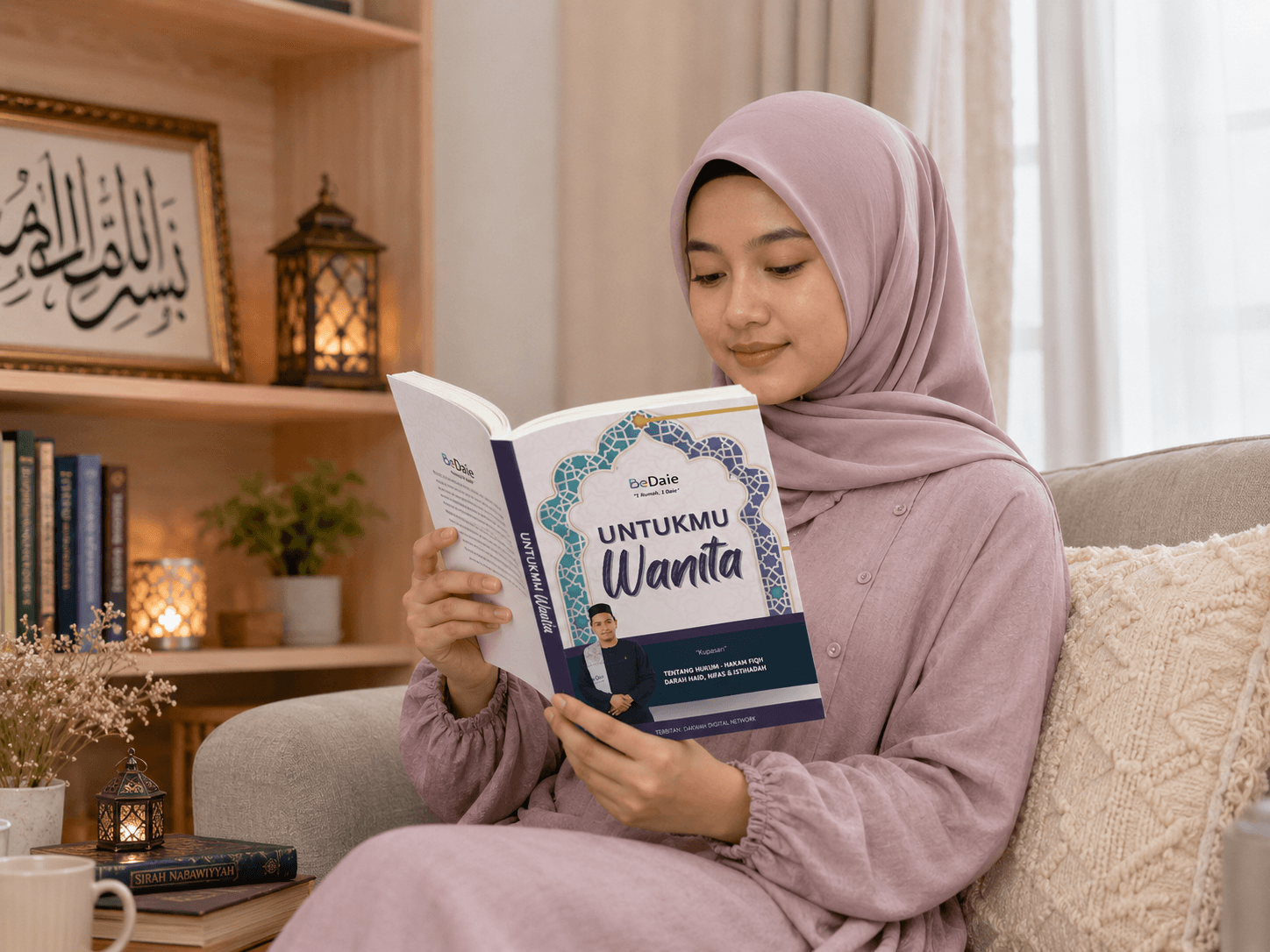 Wanita Muslim membaca buku dengan tenang